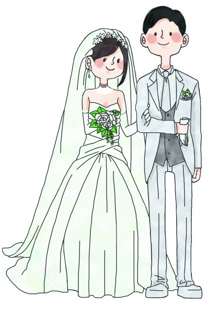 結婚したカップルの花婿花嫁姿のイラスト